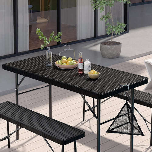 Lusenfold 3-Piece Folding Picnic Table with 2 Benches, Faux Rattan, 47.2"