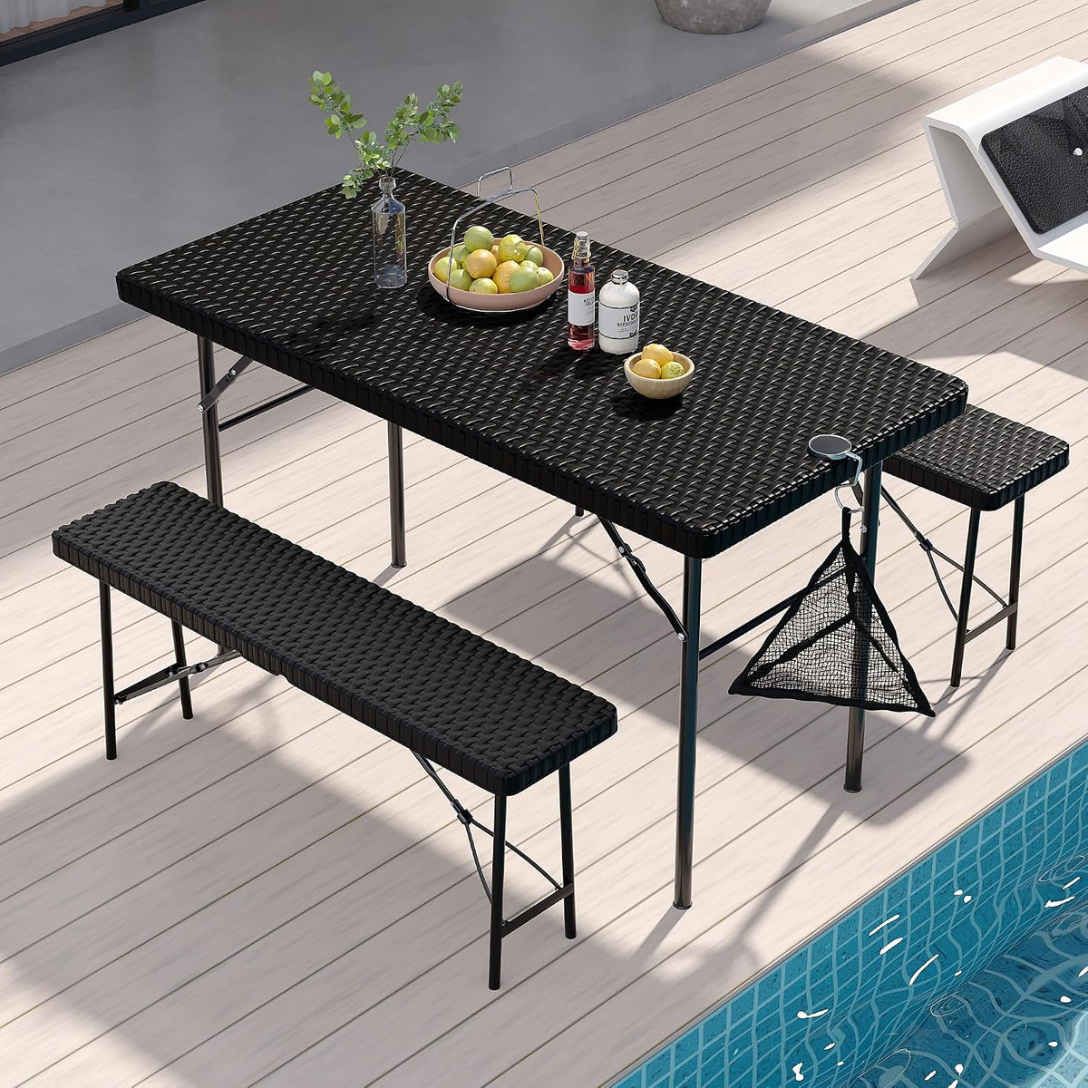 Lusenfold 3-Piece Folding Picnic Table with 2 Benches, Faux Rattan, 47.2"
