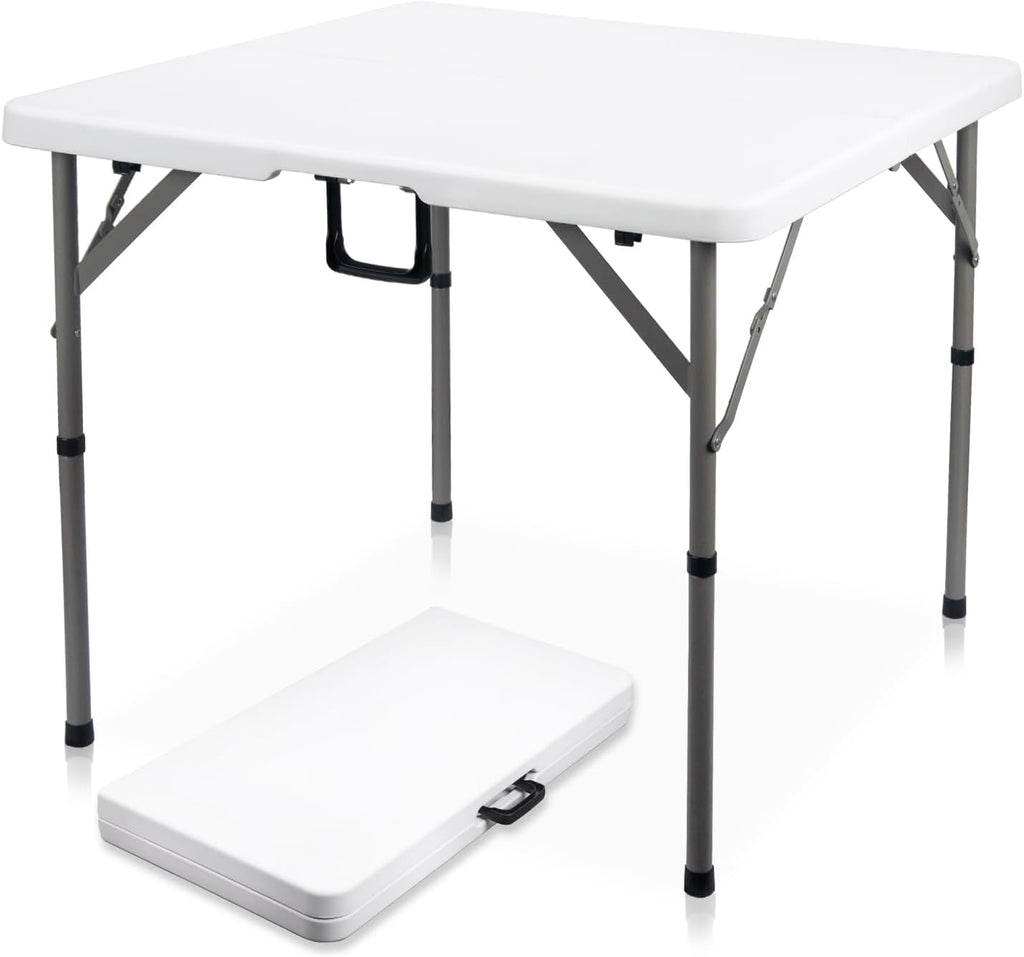 Lusenfold 34" Square Folding Card Table, HDPE Plastic, Fold-in-Half, Carrying Handle