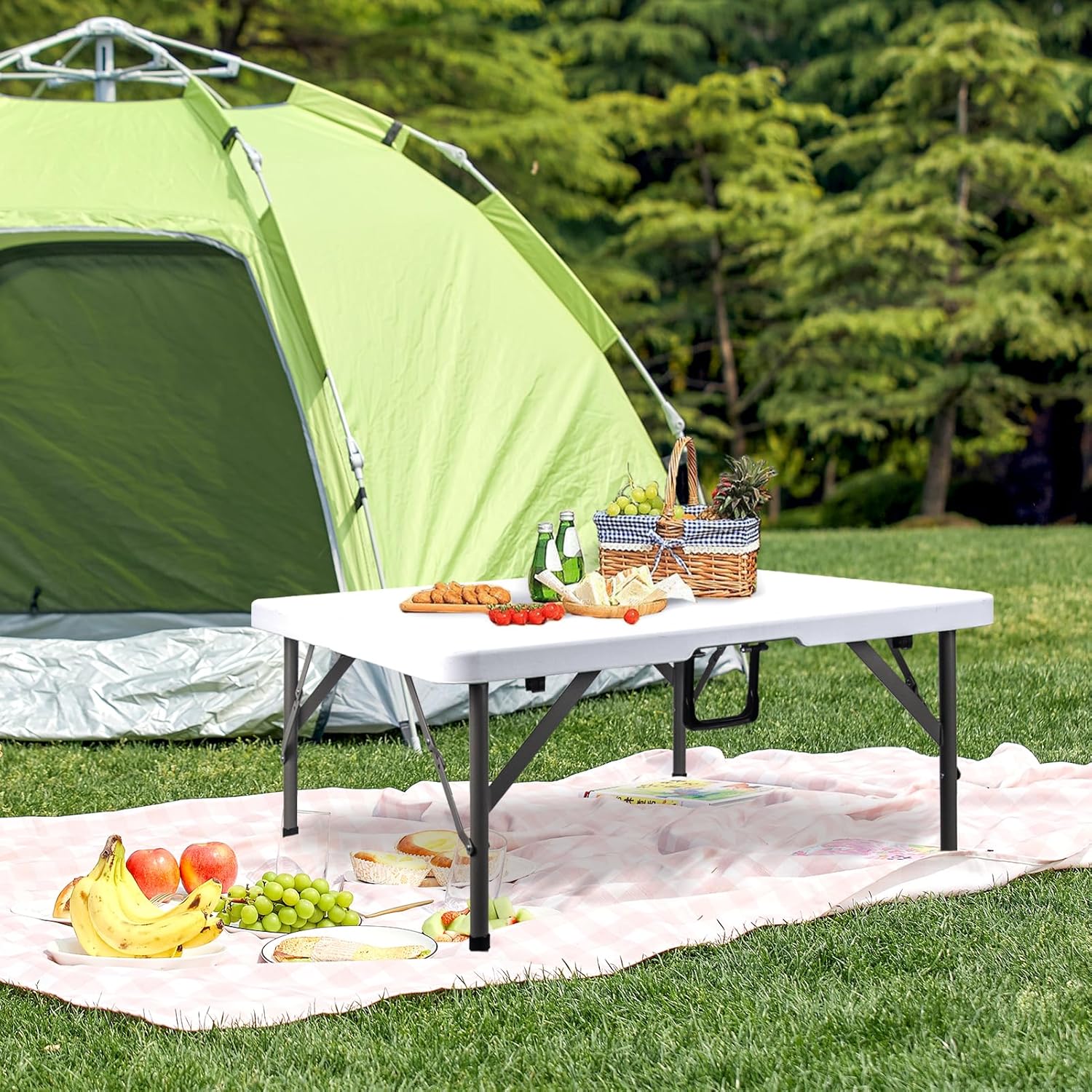 Lusenfold 34" Square Folding Card Table, HDPE Plastic, Fold-in-Half, Carrying Handle
