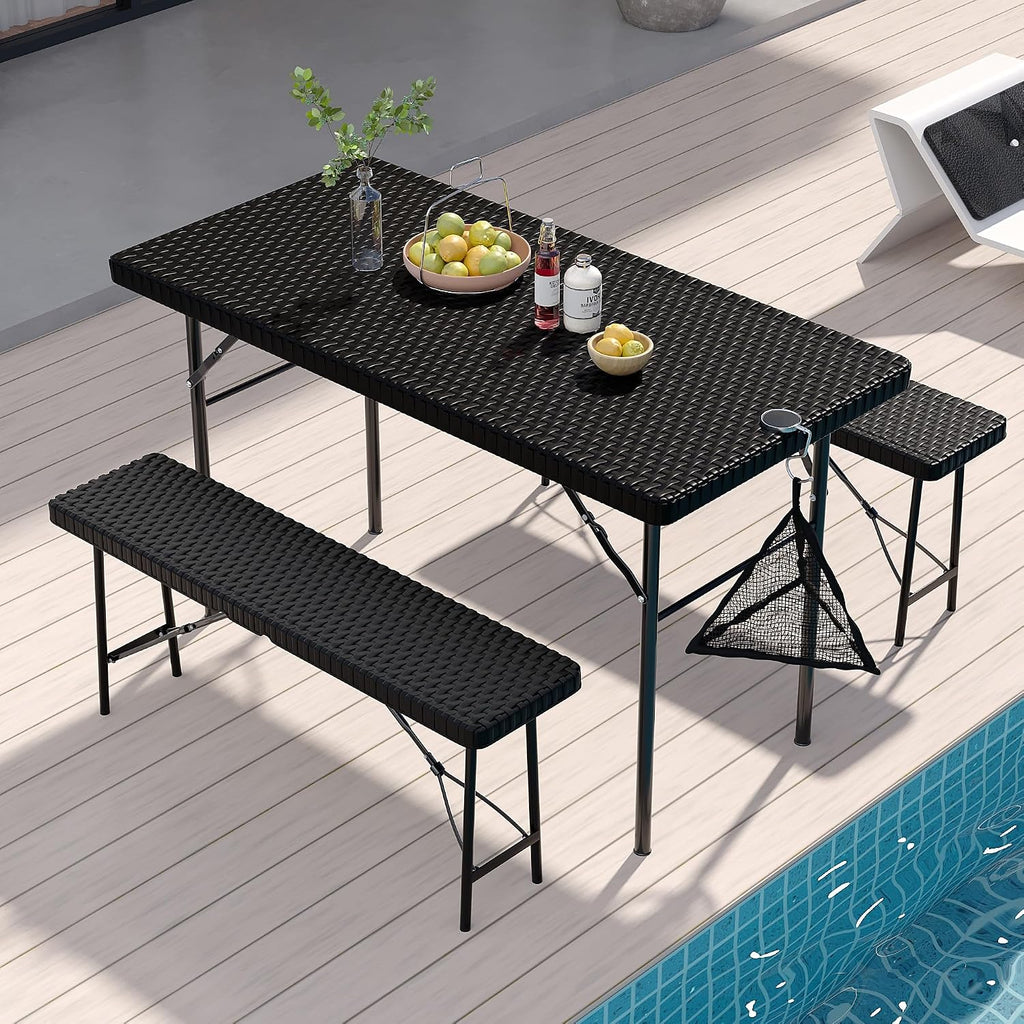 Lusenfold 3-Piece Folding Picnic Table with 2 Benches, Faux Rattan, 47.2"