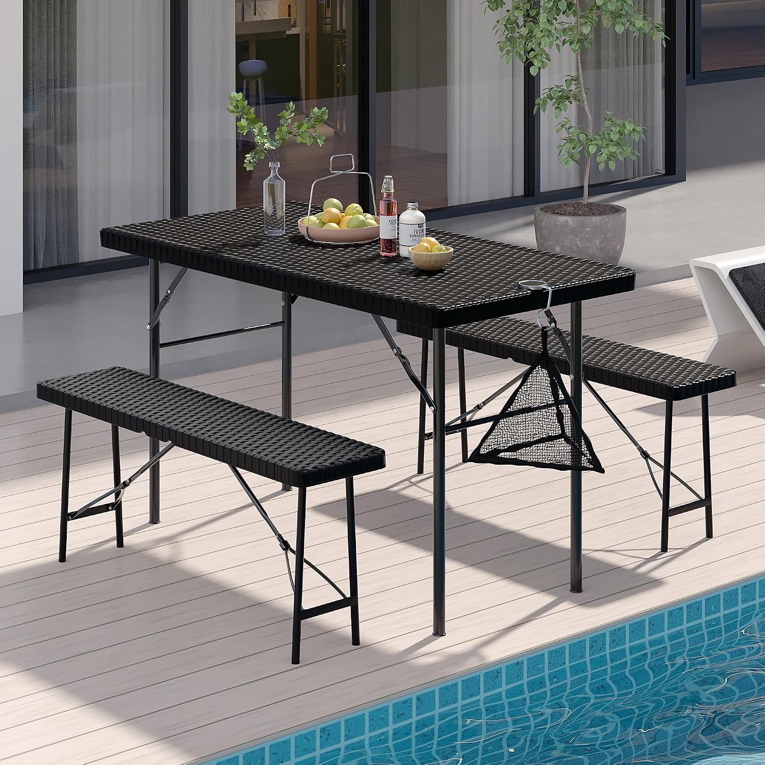 Lusenfold 3-Piece Folding Picnic Table with 2 Benches, Faux Rattan, 47.2"