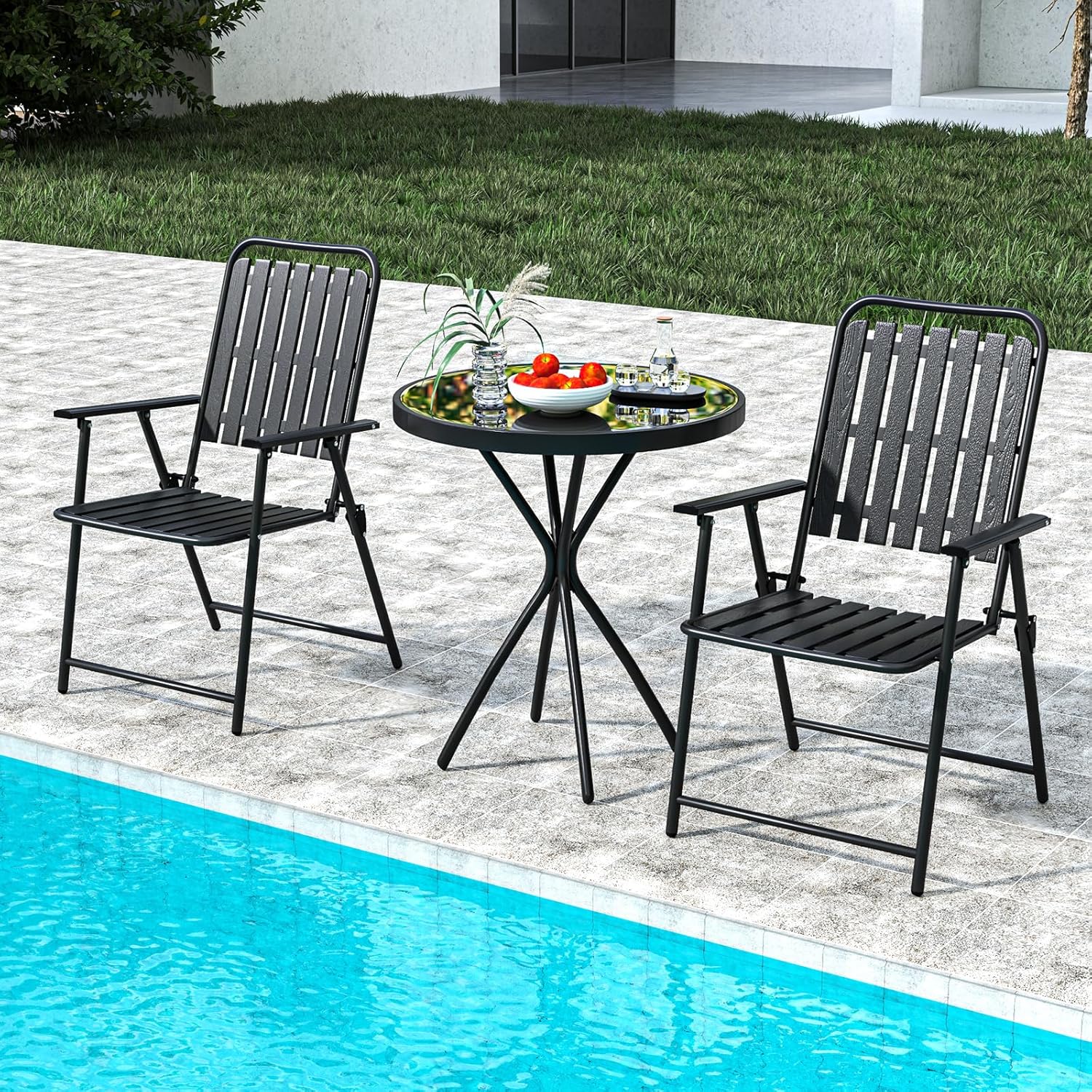 Lusenfold 3-Piece Foldable Bistro Set, Table and 2 Chairs, Small Outdoor Set
